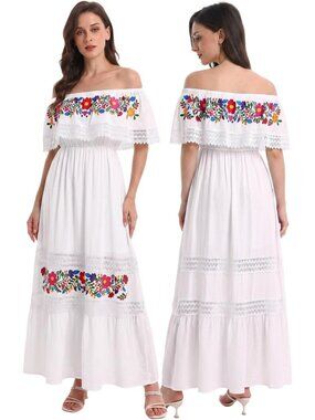Boho Floral Maxi Dress - Women's Embroidered Mexican Style Summer Dress